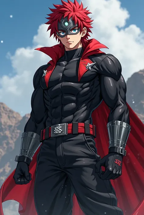 , creates a screenshot of the My Hero Academia anime picture. A young man with great muscles,  long red hair , Blue Eyes, . Mouth and nose are obscured by an iron cap,, He wears a tight black shirt with long sleeves, Shoulder rest, , chest and black painte...