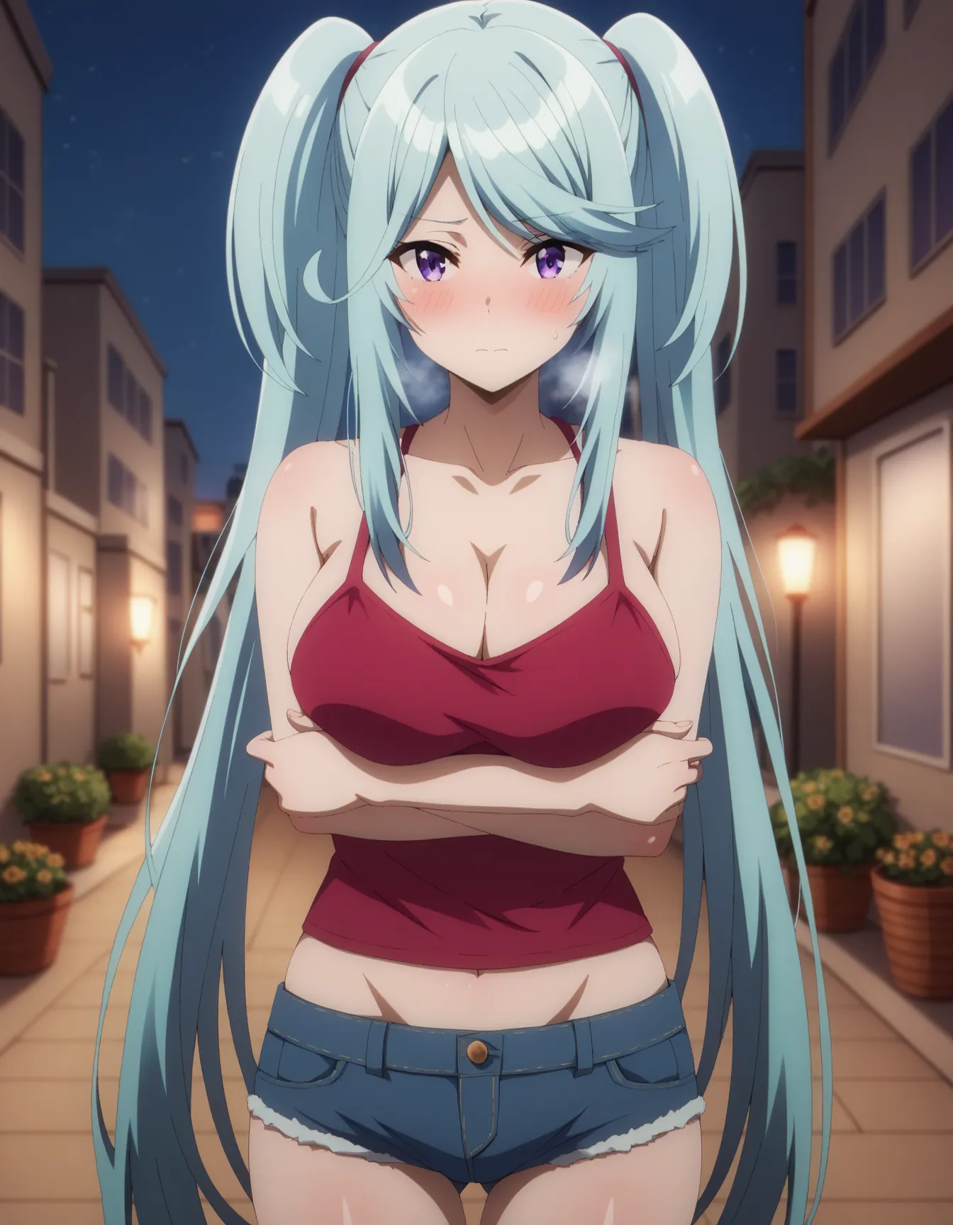 masterpiece,best quality,{{detailed beautiful face and eyes}}, very detailed background,
Epsilon,{{{megami magazine}}},long hair,twintails,blue hair,purple eyes,sidelocks,large breasts,
camisole, bare shoulders, cleavage, crop top, cutoffs, denim shorts, m...