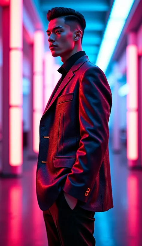 A futuristic male model wearing an oversized blazer with bold patterns, standing in a neon-lit street, cinematic lighting, ultra-realistic."