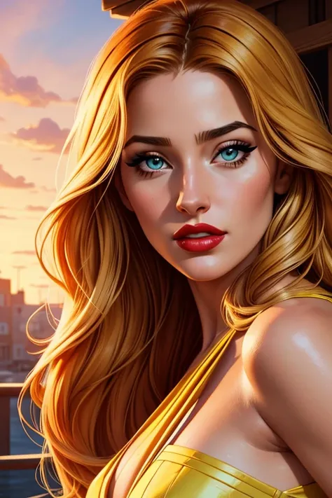 A portrait of a beautiful female whose facial features are a combo of Camryn Grimes + Ashley Graham. The female's hair is untied and hangs loose. The female wears a canary-yellow dress and sandals. The female has lovely makeup on her face. The female wears...