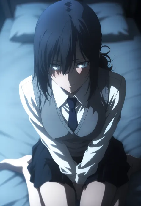 masterpiece, best quality, amazing quality, highres, absurdres, very aesthetic, high resolution, ultra detailed, perfect details, midnight, , upper body, indoors, ufotable style, ((blue hour)), (from above),
1girl, solo, ufotable style, anime style, (...
