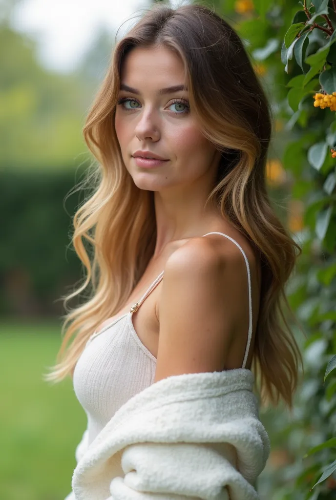 Une belle jeune femme aux yeux vert. Elle a des cheveux lisse et châtains. Un très jolie visage. Elle mesure 1m73. Sa taille de seins est 90D. Elle a de jolies petites fesses rebondit. Elle est debout dans un jardin. elle porte une jupe d'écolière et un ch...