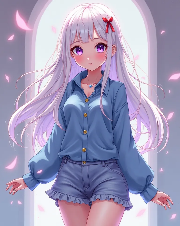 Anime, beautiful cute girl, white hair, purple large like eyes, small yet elegant curvy body, wearing a blue long sleeve with buttons, with tight shorts, centered position.