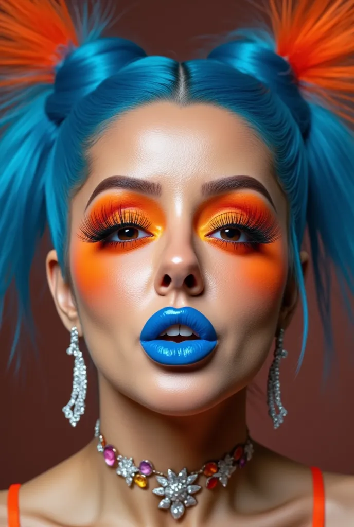 incredibly long and voluminous eyelash extensions, girl laughs a lot, Bright orange makeup,  blue hair  , two tails,  diamond earrings  , collar, blue lips,  air kiss 