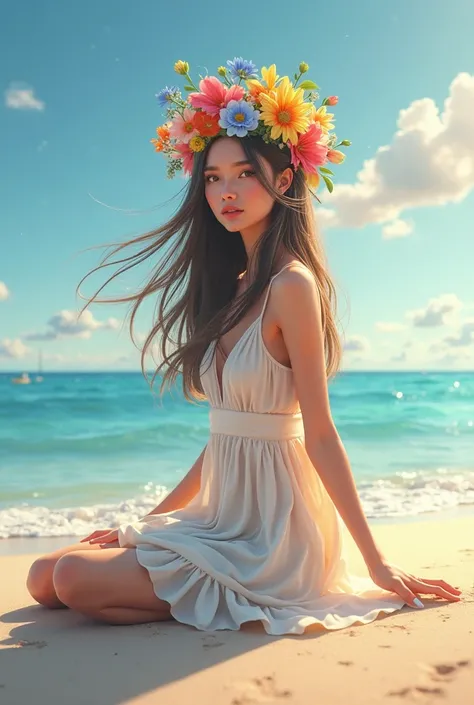 A beautiful girl on the beach wearing a bouquet