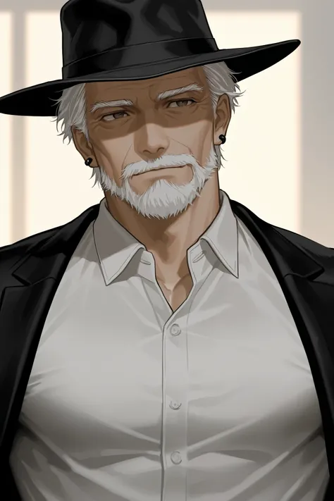 A old man with a sly look and white long hair and a muscular build wearing a white shirt and gentlemen hat