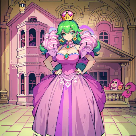 there is a woman in a pink dress standing in front of a pink house, evil princess, style of madhouse anime, style of madhouse studio anime, expensive voluminous dress, garbed in a purple gown, princess of amethyst, loli in dress, rococo queen, shalltear fr...