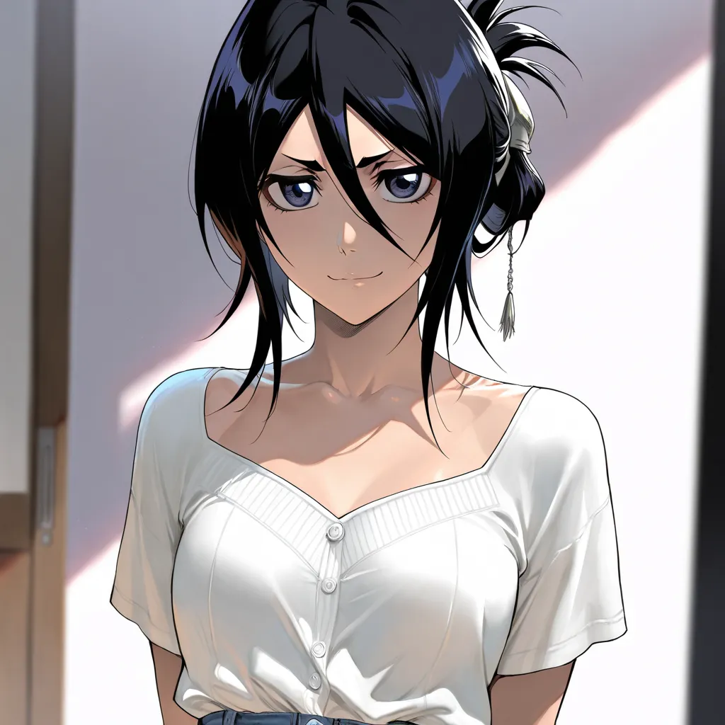 Stunningly attractive woman, Rukia Kuchiki, Bleach, High Resolution, Masterpiece, glistening, impeccable physical shape, casual clothing, different hairstyles, different clothing, different clothing styles, different clothing, Solo, 1girl, small smile