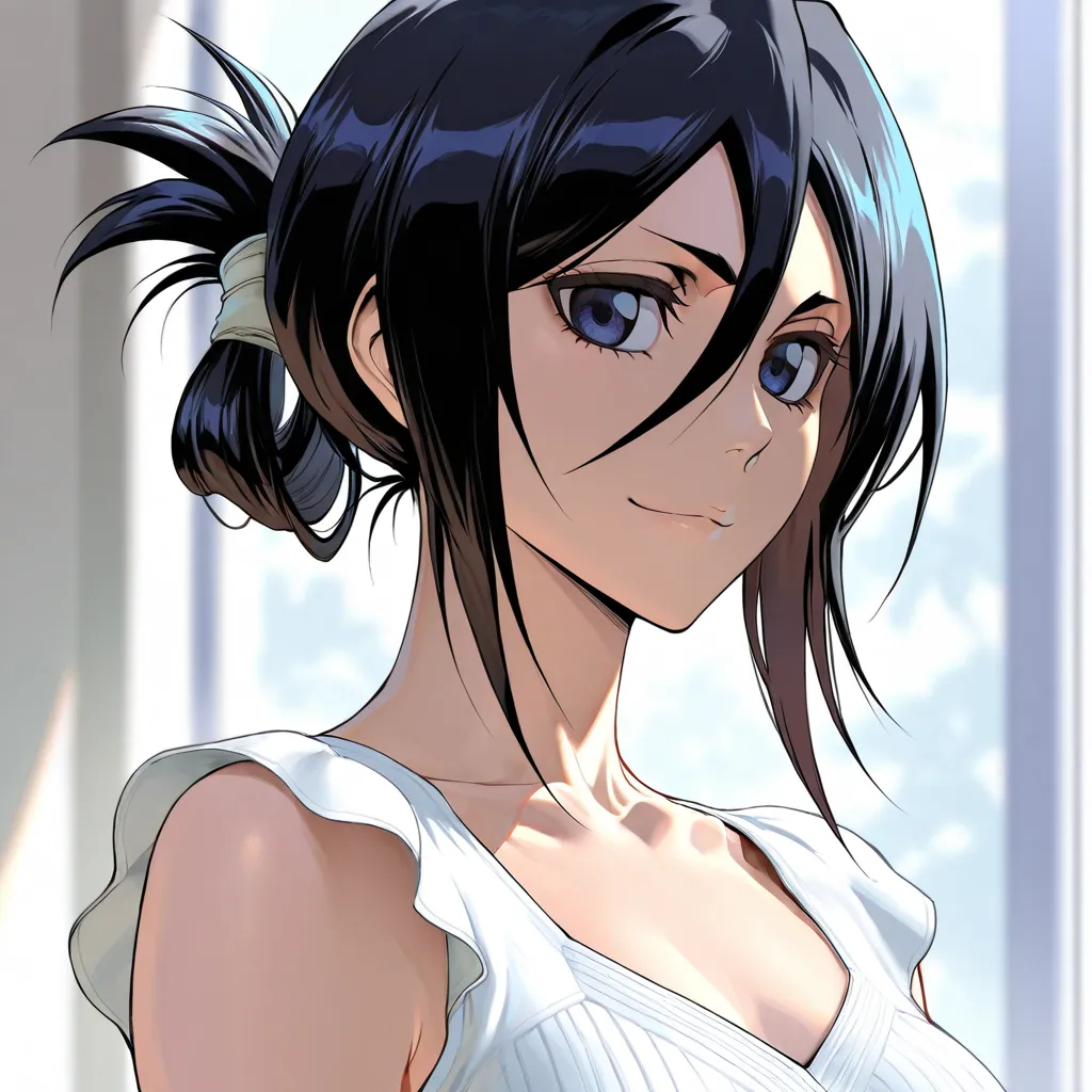 Stunningly attractive woman, Rukia Kuchiki, Bleach, High Resolution, Masterpiece, glistening, impeccable physical shape, casual clothing, different hairstyles, different clothing, different clothing styles, different clothing, Solo, 1girl, small smile