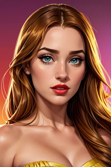 A waist-up portrait of a beautiful female whose facial features are a combo of Camryn Grimes + Ashley Graham. The female's hair is untied and hangs loose. The female wears a canary-yellow dress and sandals. The female has lovely makeup on her face. The fem...