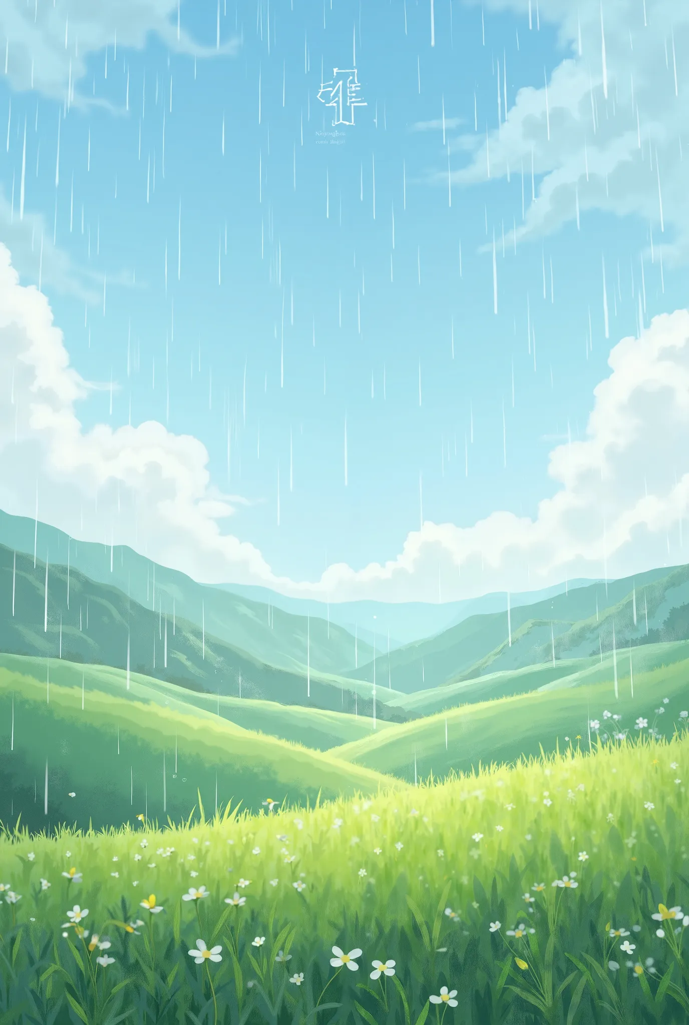 A drawing of the sky, rainfall and green field