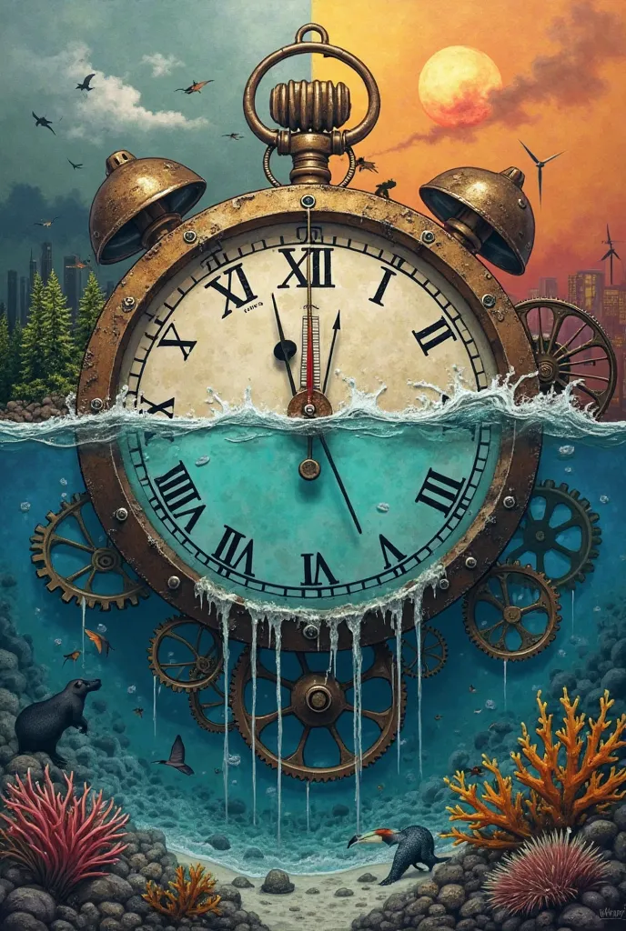 1. **Central Image**: A large **mechanical clock** (gears, chains, cogs) **melting into an ocean**.  
   - The clock’s metal parts drip like wax, blending into waves.  
   - The ocean is split: one side **vibrant coral reefs**, the other **bleached, dead c...