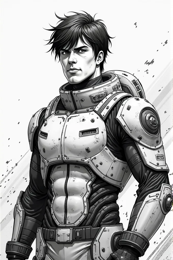 Illustration Prompt:
	 • Character : Commander Jake.
	• Style: Classic black and white manga, defined lines and use of patterns for shading (screen tones)  Code of Ethics .
	• Physical Description:
	 • Short hair ,  slightly messy , with locks that fall on...