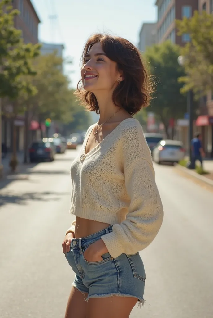 ((RAW photo, highest quality, 8K, masterpiece: 1.3)), Sharp focus: 1.2, Neat female college student, perfect body of young and beautiful woman: 1.4, Medium size chest, slim abs: 1.2, ((Very short hair: 1.2)), (Cream wide neck sweater that fits slim body, d...