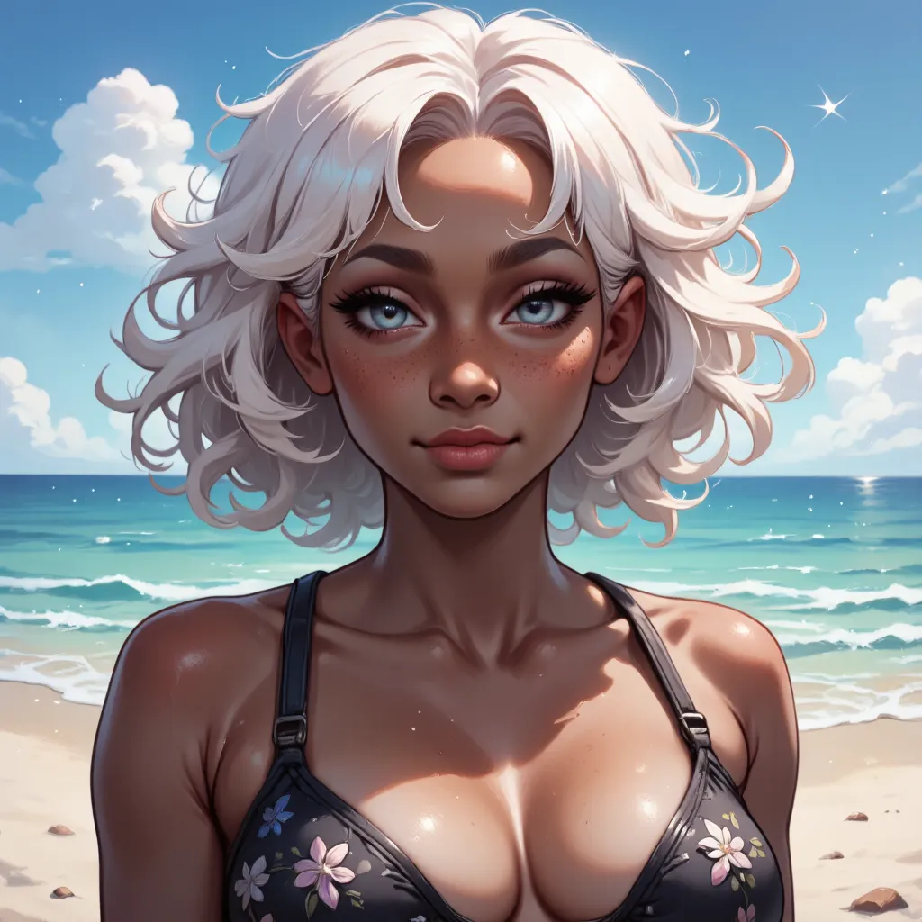 NSFW,masterpiece,Highest quality,Hi-Res,very detailed,Make one with black skin and freckles that look like stars, she has curly white hair and bangs, she is on the beach wearing an embroidered bikini, high-resolution, gray eyes, laughter, 