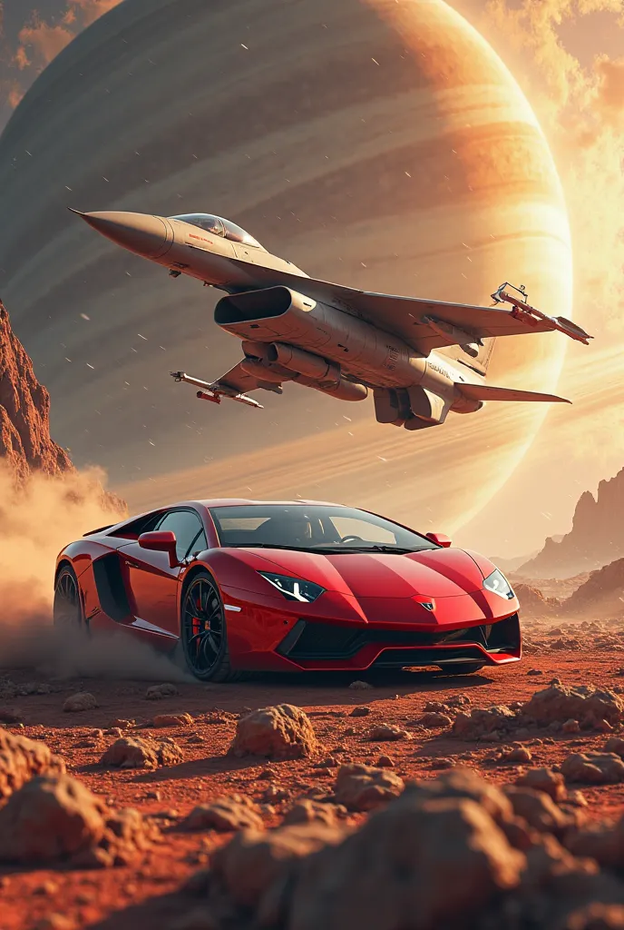 Competition F16 aircraft and red Lamborgini car, on the surface of the planet Saturn. cartel: Helmer - The Best