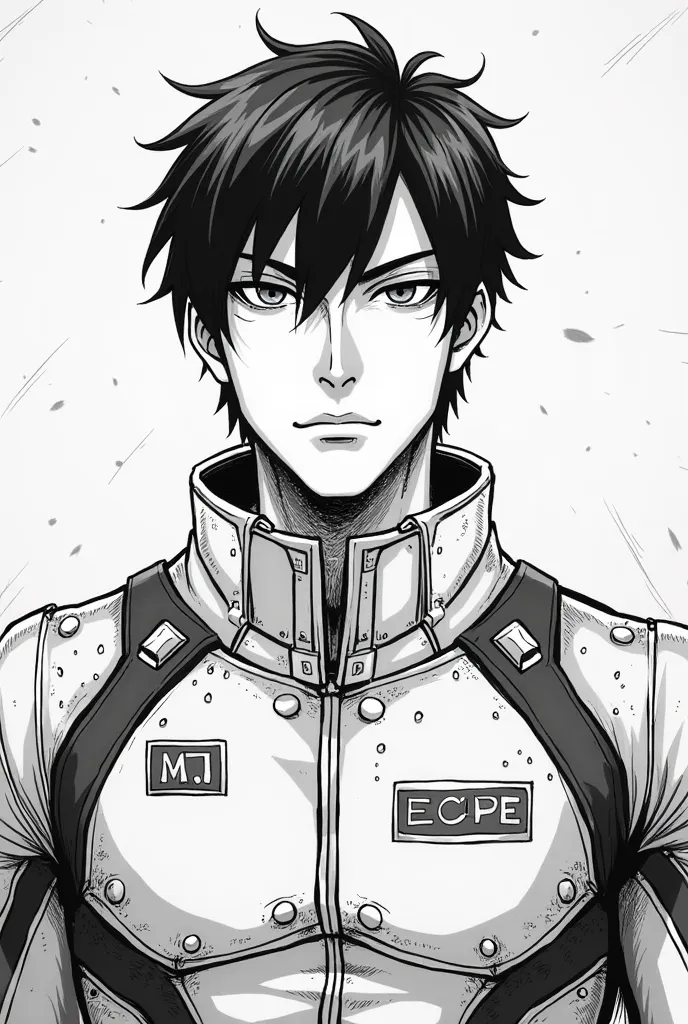 Illustration Prompt:
	 • Character : Commander Jake.
	• Style: Classic black and white manga, defined lines and use of patterns for shading (screen tones)  Code of Ethics .
	• Physical Description:
	 • Short hair ,  slightly messy , with locks that fall on...