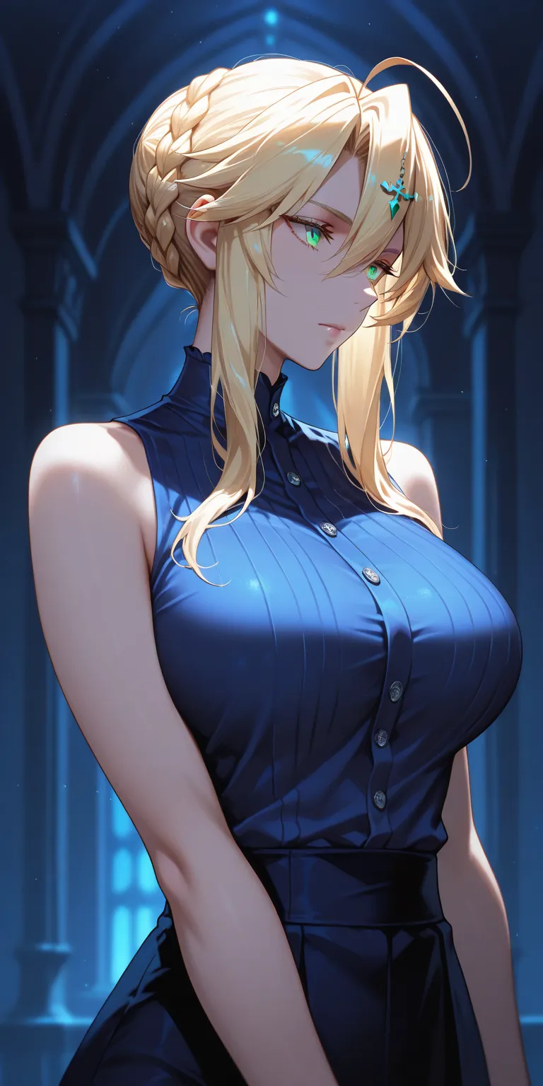 Masterpiece, very aesthetic, vibrant, high contrast, high resolution, ultra detailed, cool and mature woman, artoria Pendragon (lancer), upper body, sleeveless shirt, soft light, best quality, newest, castlevania: nocturne animes style 