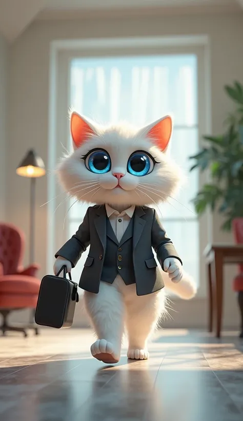 A white Persian cat with blue eyes, always looking elegant and graceful enters by walking in two legs in a company  office for an interview  3d cartoon