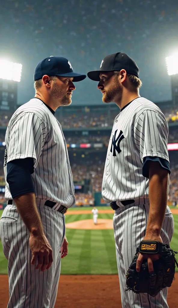 A dramatic scene depicting the rivalry between the New York Yankees and Pittsburgh Pirates. Two baseball players, one in a Yankees uniform and the other in a Pirates uniform, stand face-to-face with intense expressions, ready for competition. The backgroun...