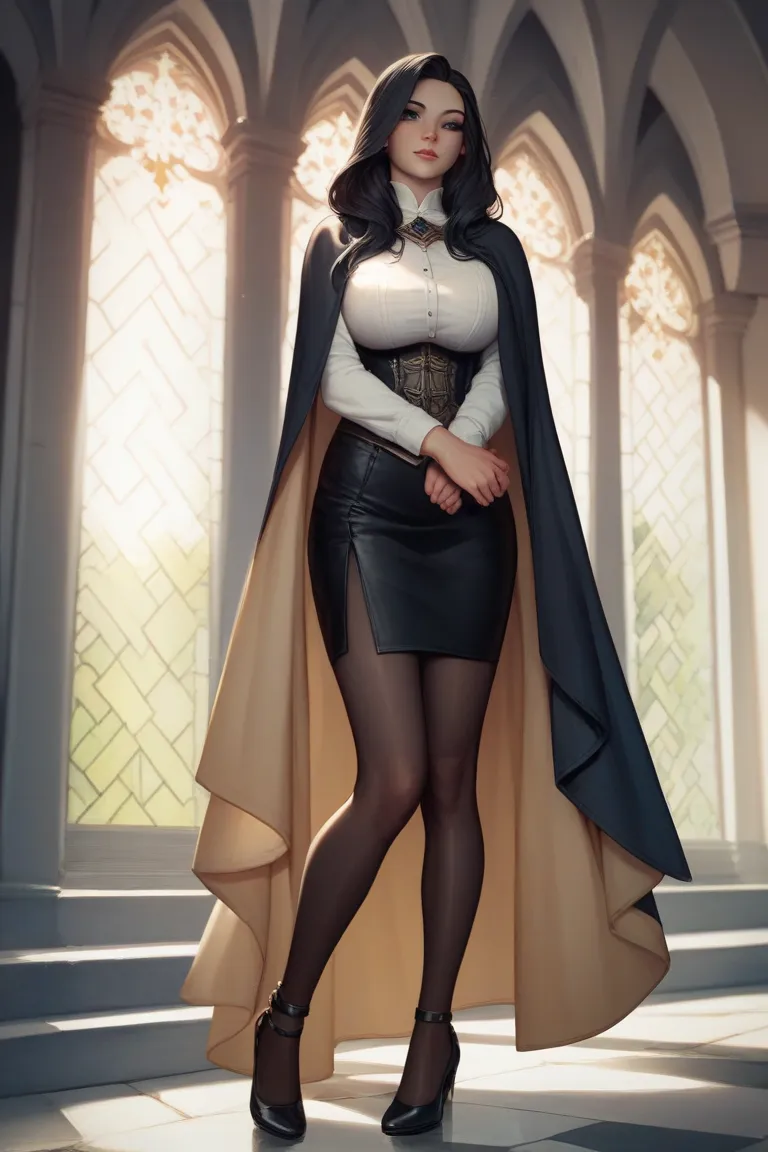 human young girl, 1.55 meters tall, slim body, big breasts, long black hair, black eyes, white skin, beautiful face. Wearing the long sleeves white shirt, knee height black skirt, black pantyhose, black shoes, black mage cloak. Medieval fantasy world, prin...