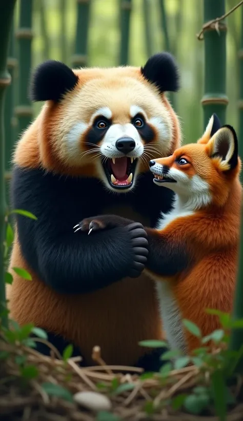 "An intense and dramatic scene in a bamboo forest where a giant panda and a red fox confront each other. The panda, with its mouth open in a roar, holds the fox, which is reacting defensively. The tension between the two animals is heightened by the detail...