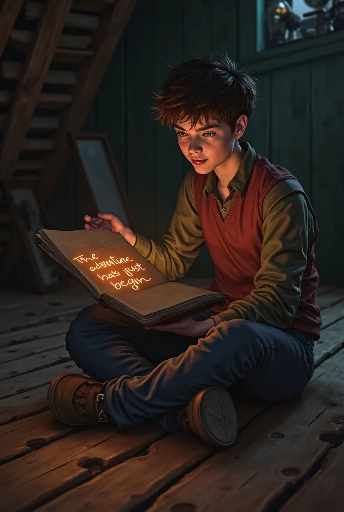 Back in the attic, Aiden sits on the wooden floor, staring at the notebook. The last page now has a new message written in glowing letters: 'The adventure has just begun.' His face shows a mix of excitement and curiosity, ready for what’s next."

