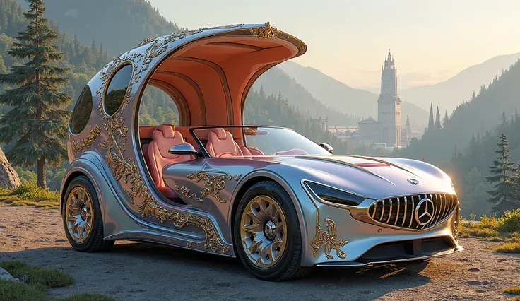 a mix of a medieval waggon an mercedes benz of the year 2030; princess colors and style

