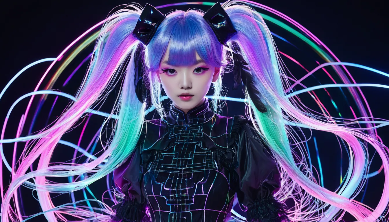 and incorporates elements of dark techno and horror synth、This girl has {x} holographic effects and wireframed outlines。Not a person。composed only of elements of light。 Brilliant Rainbow Colors 、futuristic transparent design、twin tails、 fluffy hair、Small F...