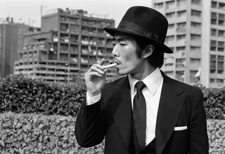 (masterpiece, top quality), big city backgrounds, ennui, smorker, 1970s, Japanese TV drama, black and white, 1men, black hat, black suit, put a cigarette into one's mouth, 