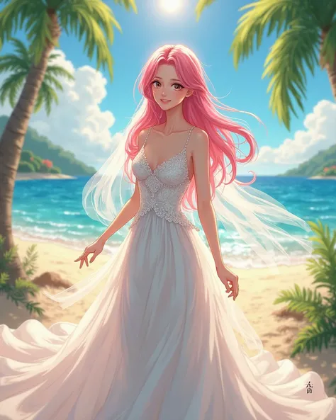 **a pink haired lady in a beach wedding in Kenji Kamiyama style