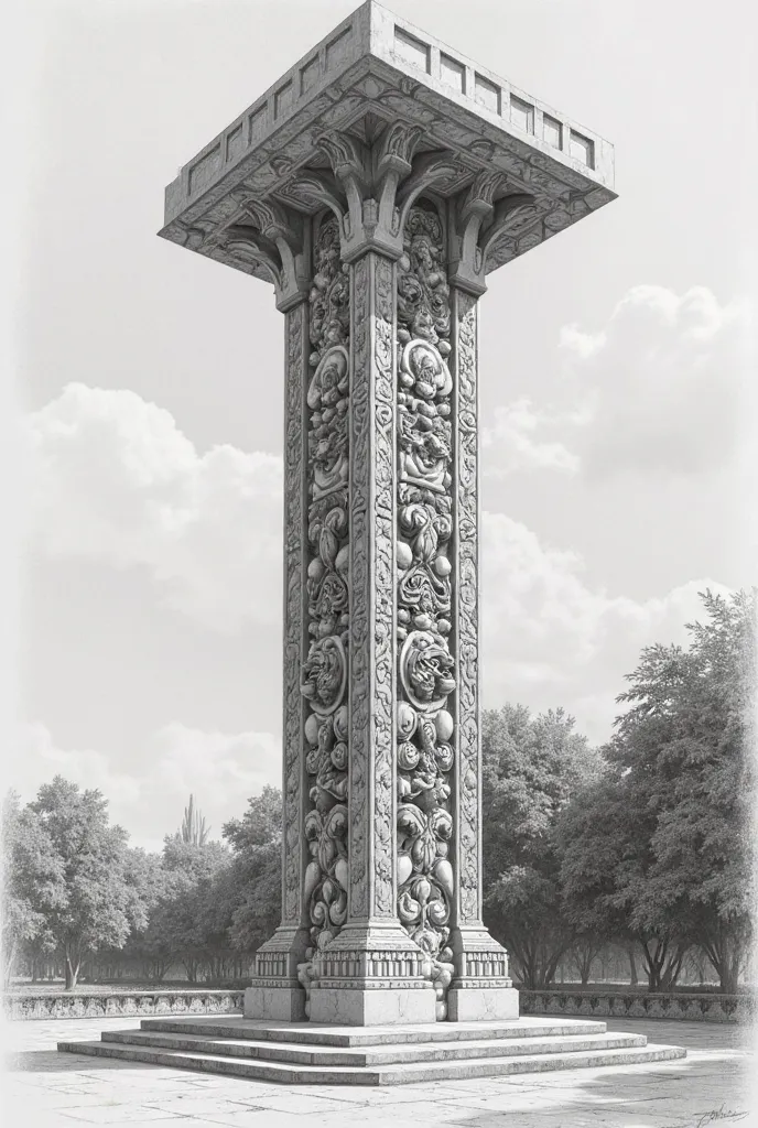 Pencil drawing of a central column of a pavilion that is a sculpture that represents Mexico and the family union 