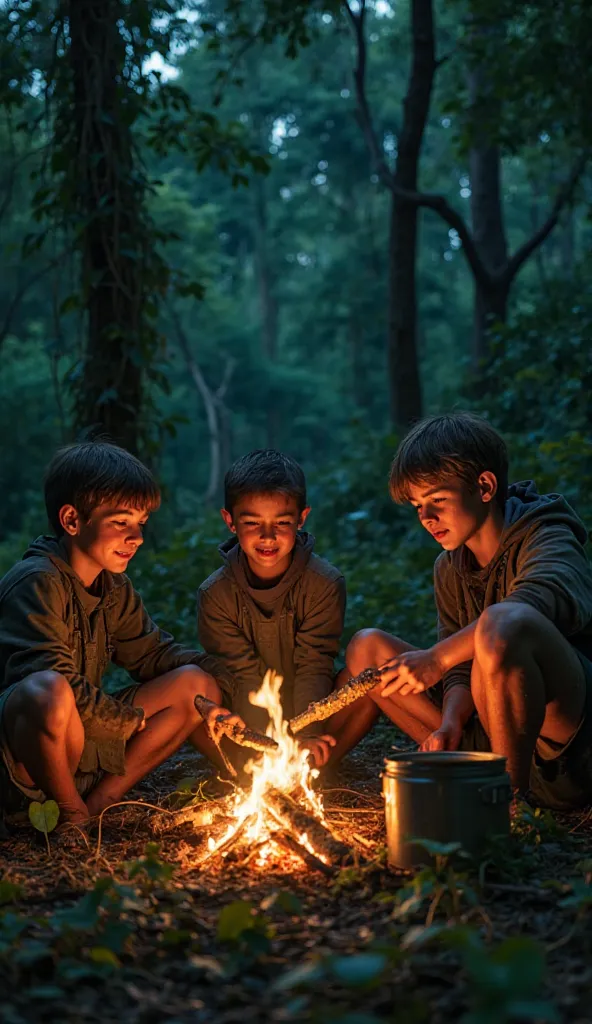 "Three age couples, boys and girls, are gathered around a campfire in a dense jungle at night. They are roasting the leg of a muntjac deer they hunted, with the fire casting a warm glow on their faces. The jungle is thick with towering trees, vines hanging...