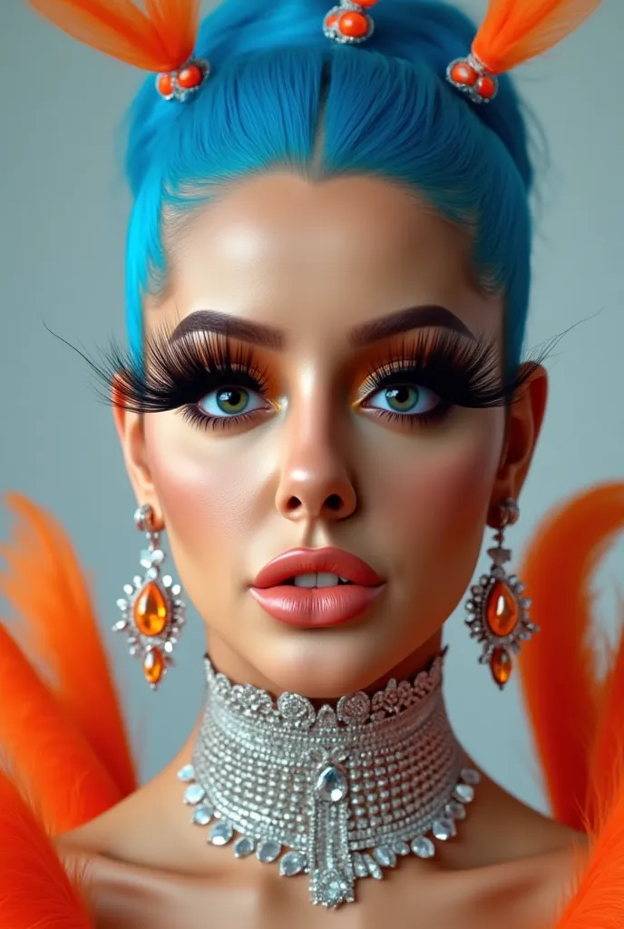 incredibly long and voluminous eyelash extensions, girl laughs a lot, Bright orange makeup,  blue hair ,  diamond earrings  , collar, blue lips, five tails , 