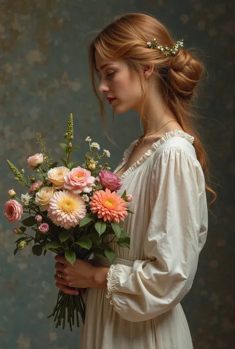 there is a woman holding a bouquet of flowers in her hand, a picture by Maksimilijan Vanka, reddit, tachisme, moleksandra shchaslyva, svetlana tigai, maria panfilova, nadezhda tikhomirova, anastasia ovchinnikova, marina federovna