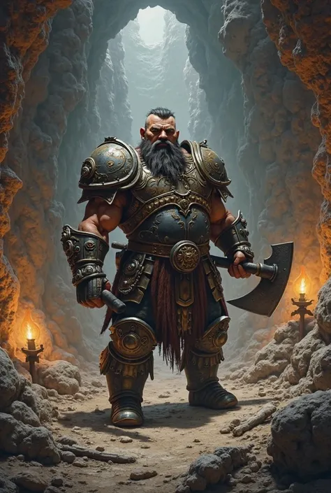 Powerful dwarf warrior who throws axes, He wears rustic heavy metal armor and is located deep in a mine