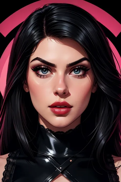 A full-body portrait of a beautiful female whose facial features are a combo of Emeraude Toubia + Krysta Rodriguez + Lauren Jauregui + Valentina Nappi. The female's hair is untied and hangs loose. The female wears a black leather-and-lace top and black lea...