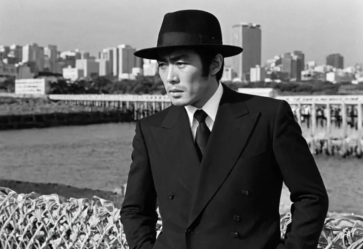 (masterpiece, top quality), big city backgrounds, ennui, smorker, 1970s, Japanese TV drama, black and white, 1men, black hat, black suit, 