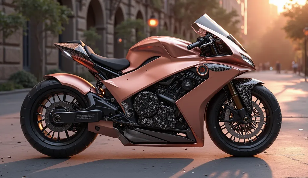 A Lamborghini concept motorcycle in an exclusive rose gold finish with black marble-textured carbon fiber accents. The anti-gravity system glows with a soft pinkish-gold hue, and the AI-assisted interface projects futuristic ride analytics.