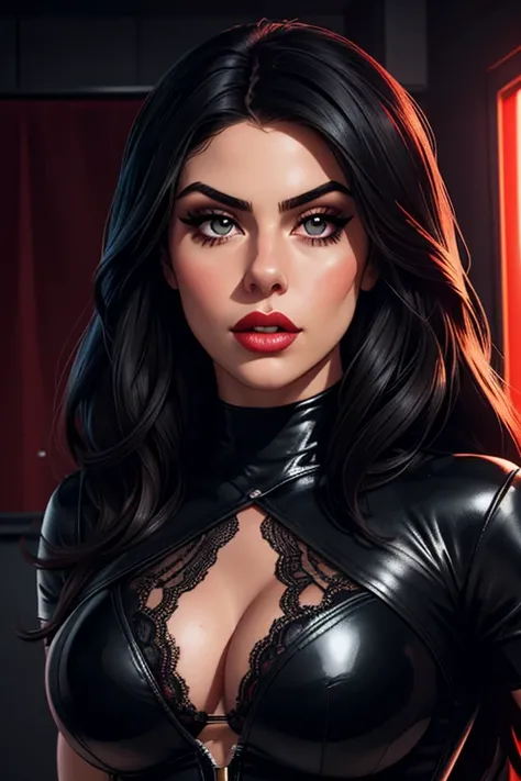 A waist-up portrait of a beautiful female whose facial features are a combo of Emeraude Toubia + Krysta Rodriguez + Lauren Jauregui + Valentina Nappi. The female's hair is untied and hangs loose. The female wears a black leather-and-lace top and black leat...