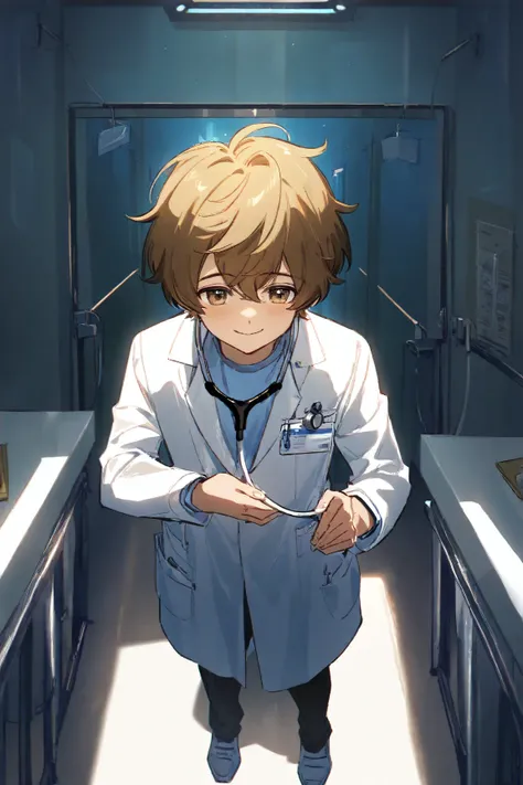  Hair,boy,white coat,and has a fox face,white coat, stethoscope,hospital,smile