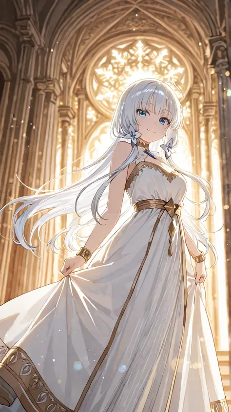 1 girl, Angel、 Snowflakes、palace、Blue Eyes, shortcuts,  Gold、chest、Angelの羽、Angelの輪、Accessory, Wide angleショット, Wide angle, Dutch Angle, glitter effect, blurred background, lens flare, 