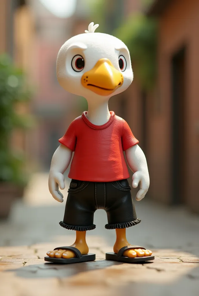 3D printed cartoon Condorito is an anthropomorphic condor, his shape is more human, his face became rounder, the beak is more square, he is bald between the neck and the red shirt has white plumage, he wears a red t-shirt, unstitched black pants and flip-f...