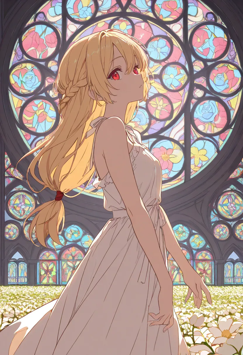 Braided half-up hair, stained glass of a flower field at sunset in the background, flat color, from the side, masterpiece：1.4, 8k, , Braided half-up hair, stained glass sunset sea in the background, flat color,, frill dress, blond hair, red eyes