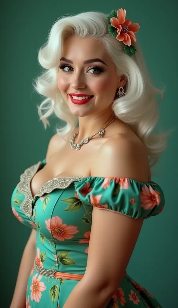  BEAUTIFUL PIN UP PLUS SIZE, PELO CASTAÑO CLARO, WITH BIG BREASTS AND BEAUTIFUL DRESS MULTYCOLOUR GREEN WITH FLOWERS,  WITH TIGHTS AND GARTER STRINGS LYING, VELVET BACKGROUND , MORE OLDER AND BEAUTIFUL FACE,  PRETTIEST AND MOST BEAUTIFUL FACE ,  THE LIGHT ...