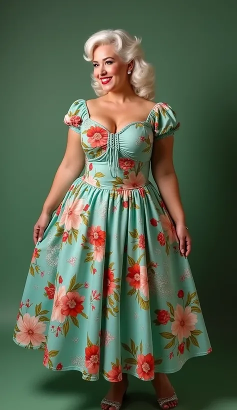  BEAUTIFUL PIN UP PLUS SIZE, PELO CASTAÑO CLARO, WITH BIG BREASTS AND BEAUTIFUL DRESS MULTYCOLOUR GREEN WITH FLOWERS,  WITH TIGHTS AND GARTER STRINGS LYING, VELVET BACKGROUND , MORE OLDER AND BEAUTIFUL FACE,  PRETTIEST AND MOST BEAUTIFUL FACE ,  THE LIGHT ...