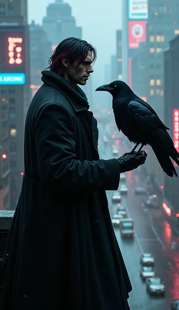 Veyne Crowe, a tall, wiry man with jet-black hair streaked with crimson, holds a large raven on his gloved hand. His piercing silver eyes scan the stormy skyline from a rooftop ledge, the wind rustling his long coat. The raven’s feathers gleam with an eeri...