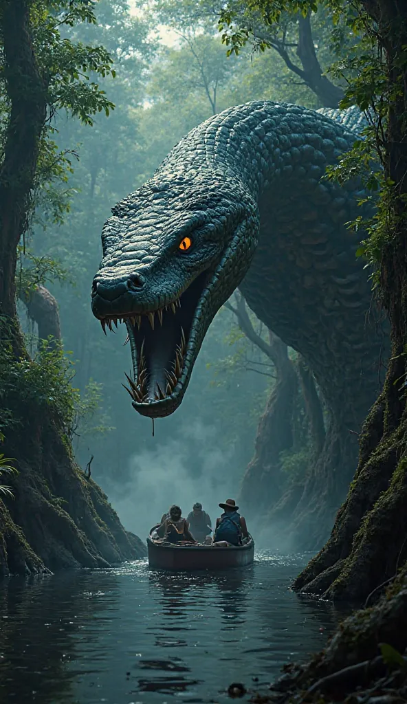 A colossal, ultra-realistic snake with glistening, scaly skin emerges from the dark waters of a dense jungle creek, its massive head towering over a small canoe. Its piercing, glowing eyes lock onto the terrified group of explorers, frozen in fear. The sna...