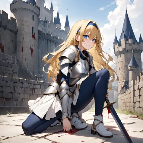 She is a tall, pale-skinned young woman with big blue eyes and shoulder-length large golden blonde hair, on top of which she always wears a dark blue headband, she is Extremely Beautiful Young Blonde Girl wearing armor with a silver-white breastplate and s...