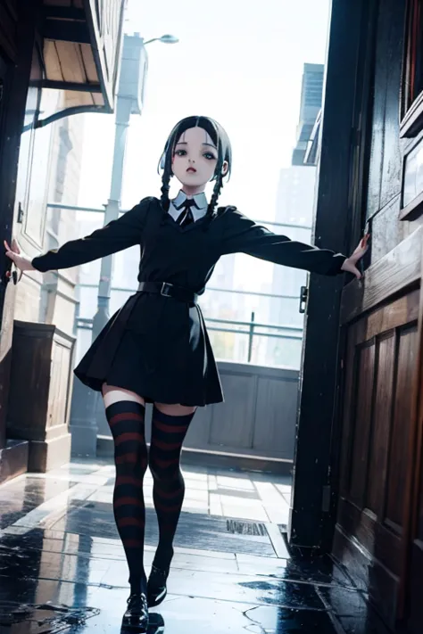 A remarkable fusion of Wednesday Addams and Mavis Dracula,  Manny radiates a vintage noir charm .  The composition shows his full body figure ,  capturing the essence of the elegant preppy Gothic style of Wednesdays ,  blended perfectly with Mavis's energe...